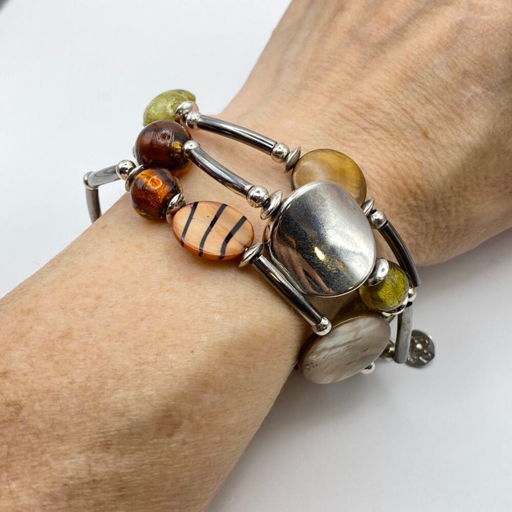 Signed IKITA Paris Glass Shell Stretch Bracelet Silver Tone Brown Green Boho